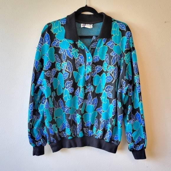 Vintage 90s Floral Knit Polo Sweater Blue Black Gold Disco Womens 1X Plus Size - Picture 1 of 7